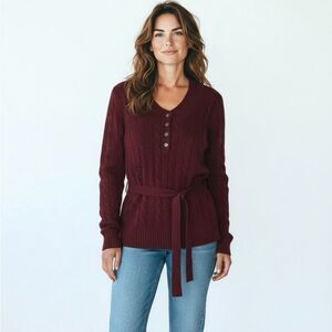 Brooks Brothers Wool Henley Sweater Burgundy Cable Knit Belted Vintage Women's L